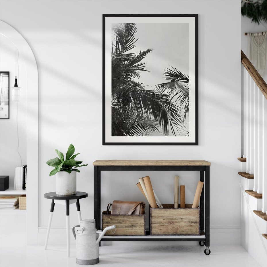 Plakat bez ramy 21x30 - Palmy w Monochromii - palmy, tropikalne palmy