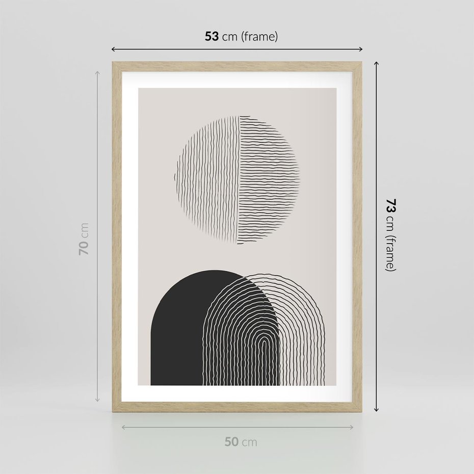 Plakat w ramie 50x70 - Przenikająca Rzeczywistość - abstrakcyjna kompozycja, okręgi i półokręgi - rama drewno