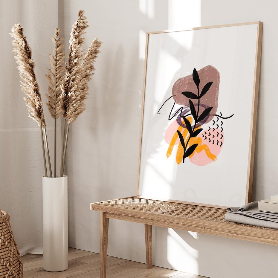 Plakat w ramie 40x50 - Echa Kształtującej się Wyobraźni - abstrakcyjna sztuka, liść gałązka - rama drewno