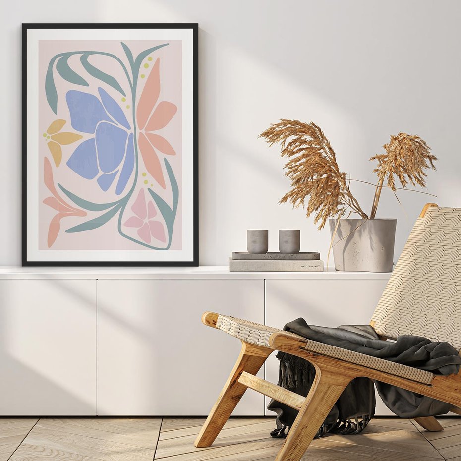 Plakat w ramie 30x40 - Pastele Kwiatowych Plam - pastelowe kwiaty, na beżowym tle - rama czarna