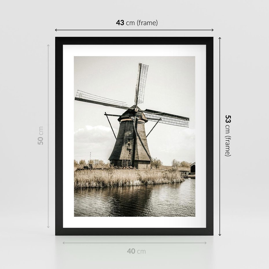 Plakat w ramie 40x50 - Holenderski Wiatrak w Sepii - holenderski wiatrak, młyn - rama czarna