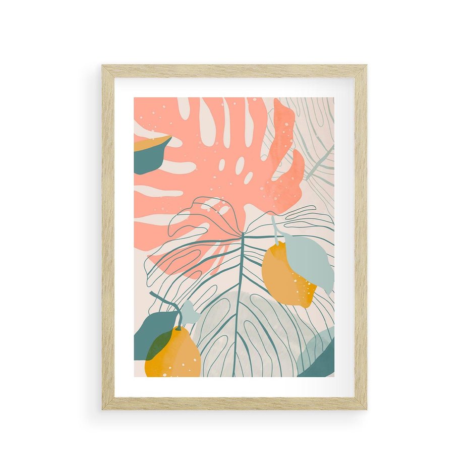 Plakat w ramie 30x40 - Sztuka Natury: Liście Monstery w Pastelach - nowoczesna grafika, pastelowe liście monstery - rama drewno