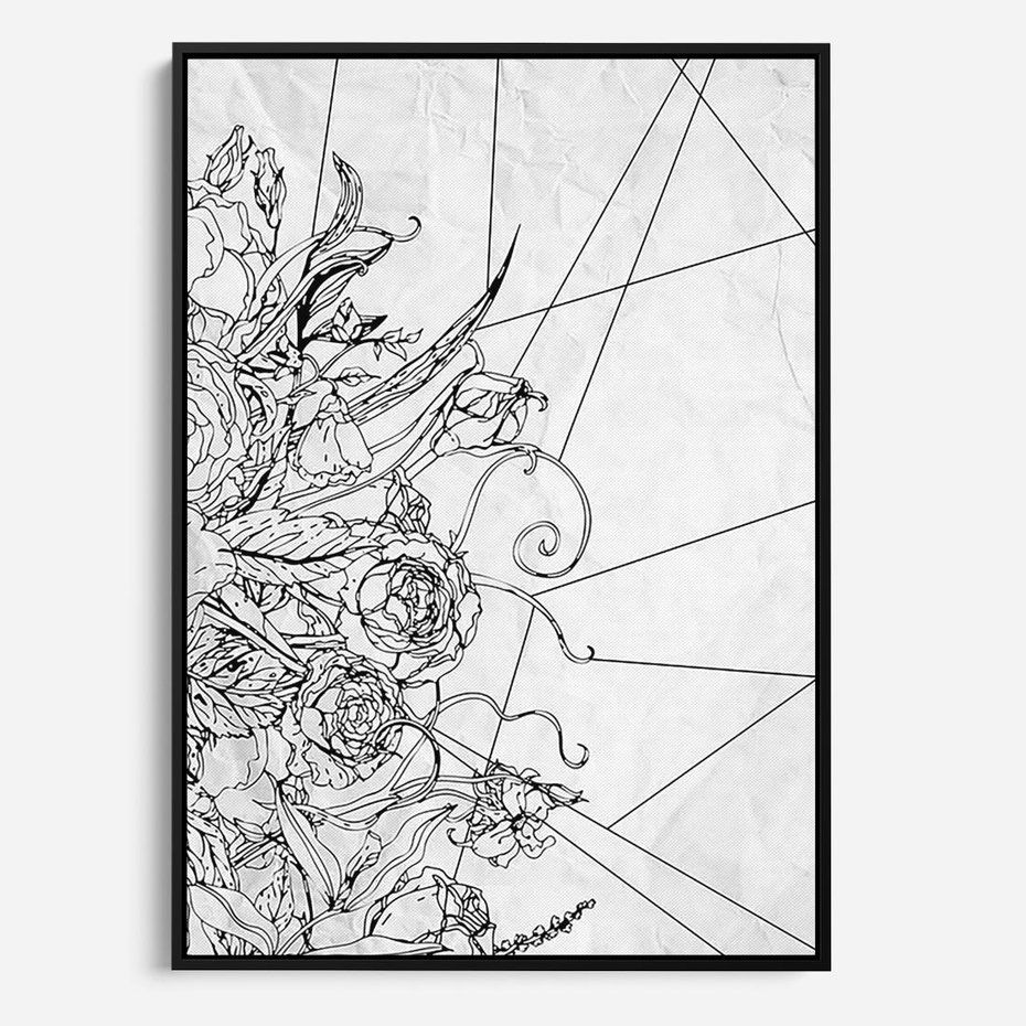 Obraz w ramie 70x100 - Refleksje w martwym punkcie - graficzny szkic, kompozycja kwiatów - rama czarna
