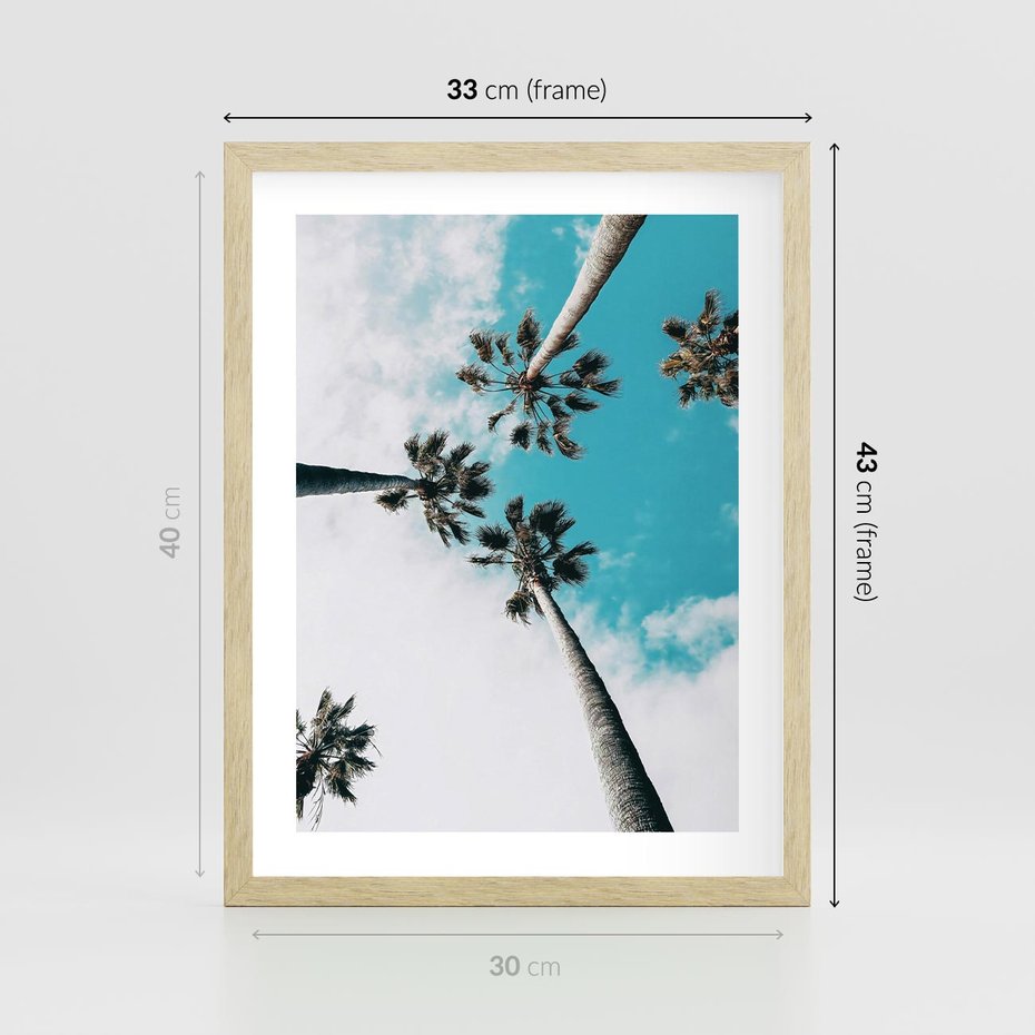 Plakat w ramie 30x40 - Palmy w Gorącym Niebie - palmy, ujęcie z dołu - rama drewno