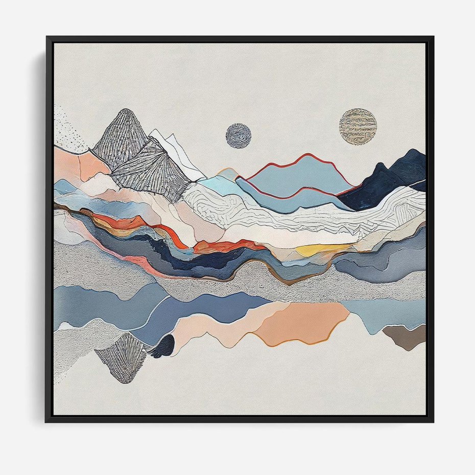 Obraz w ramie 50x50 - Dynamiczne Góry - akwarelowe graficzne góry, krajobraz - rama czarna