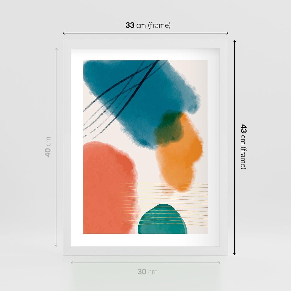 Plakat w ramie 30x40 - Migotliwe Pochwycenia - abstrakcyjne kolorowe plamy, akwarela - rama biała