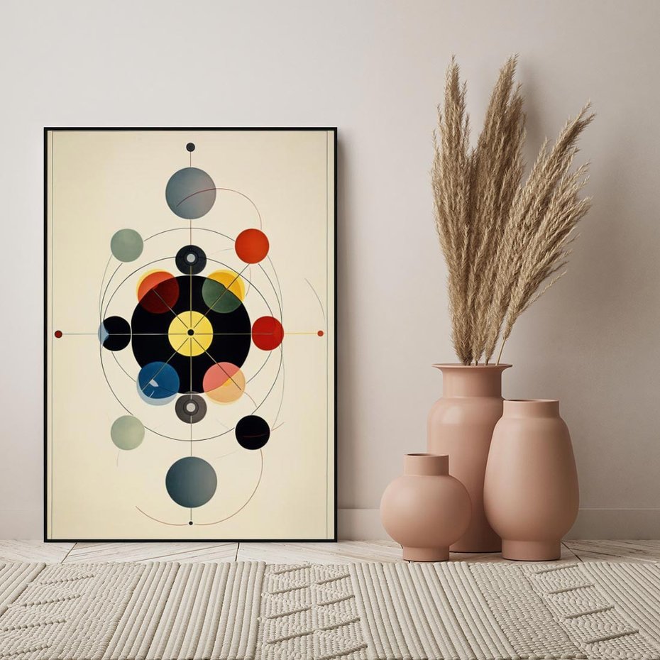Obraz w ramie 70x100 - Bezgraniczny Taniec Światła - abstrakcyjna geometryczna kompozycja, koła linie - rama czarna