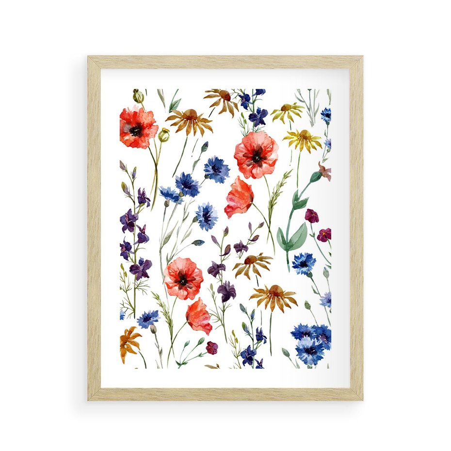 Plakat w ramie 40x50 - Kwiatowe radości na łące - kwiaty, łączka - rama drewno
