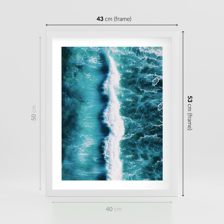 Plakat w ramie 40x50 - Błękitna Siła Oceanu - fale, ocean - rama biała