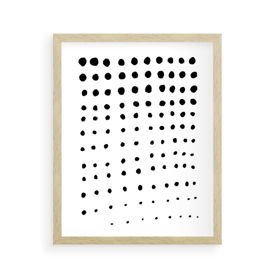 Plakat w ramie 40x50 - Abstrakcyjna Transformacja - abstrakcyjna kompozycja z czarnych kropek, minimalistyczny czarno bialy plakat - rama drewno