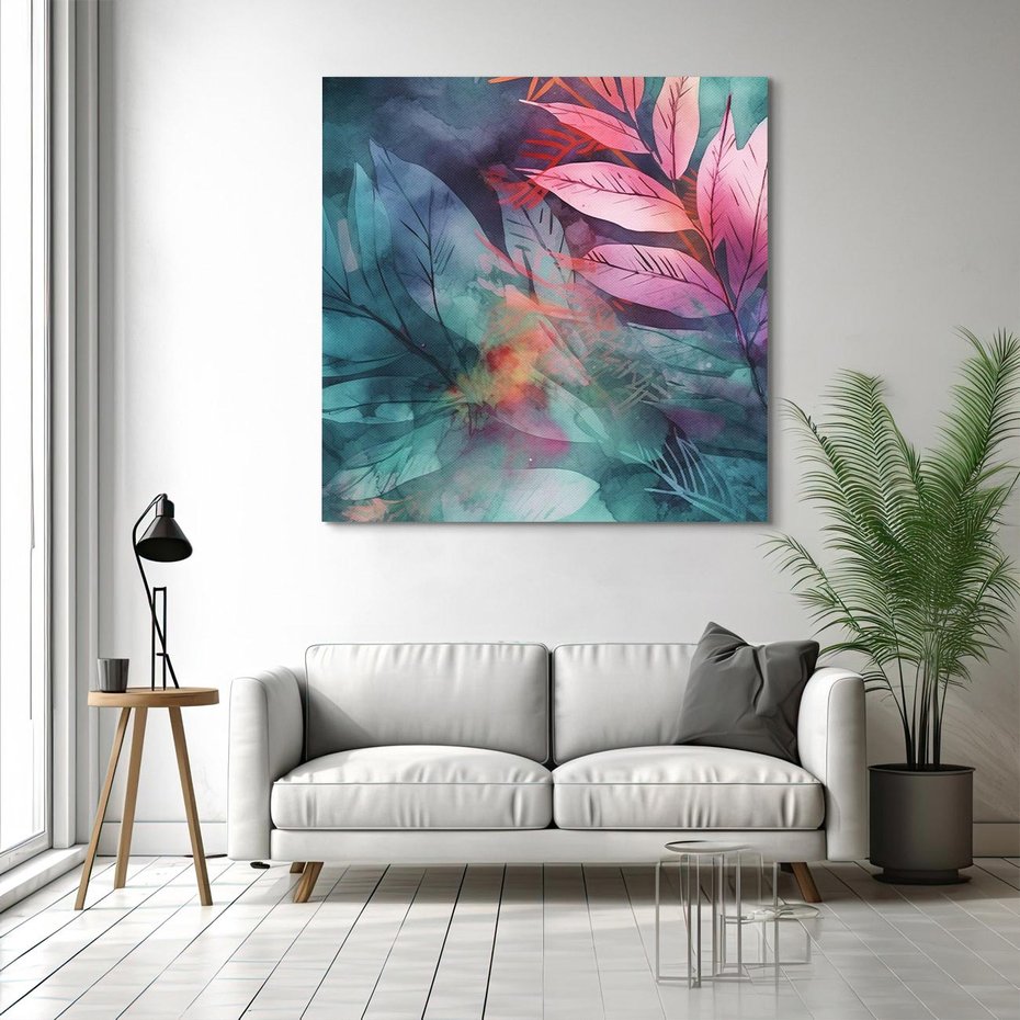 Obraz na płótnie 70x70 - Subtelne Zielone - pastelowe zielone liście, róż