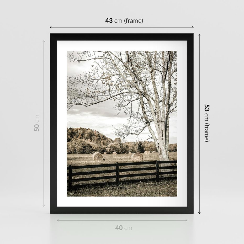 Plakat w ramie 40x50 - Drzewa i Snopki Siana - farma, drzewa - rama czarna