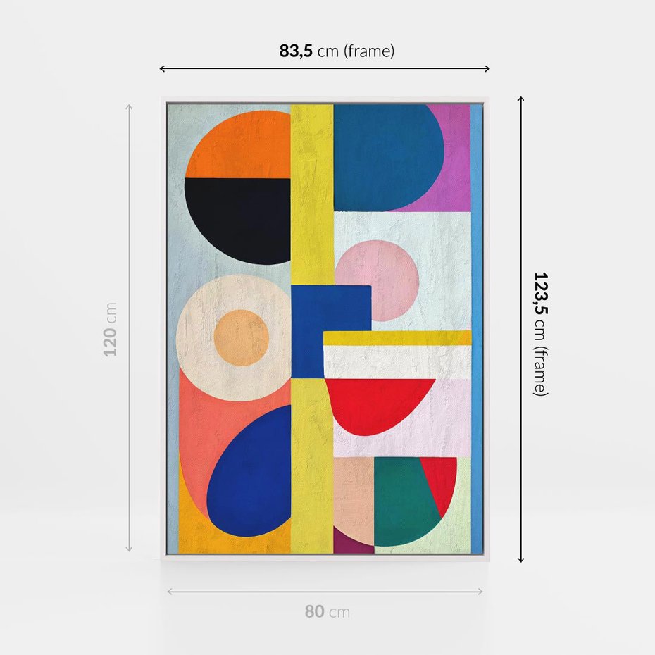 Obraz w ramie 80x120 - Harmonia Kolorowych Impulsów - abstrakcyjne geometryczne kształty, olejny obraz - rama biała