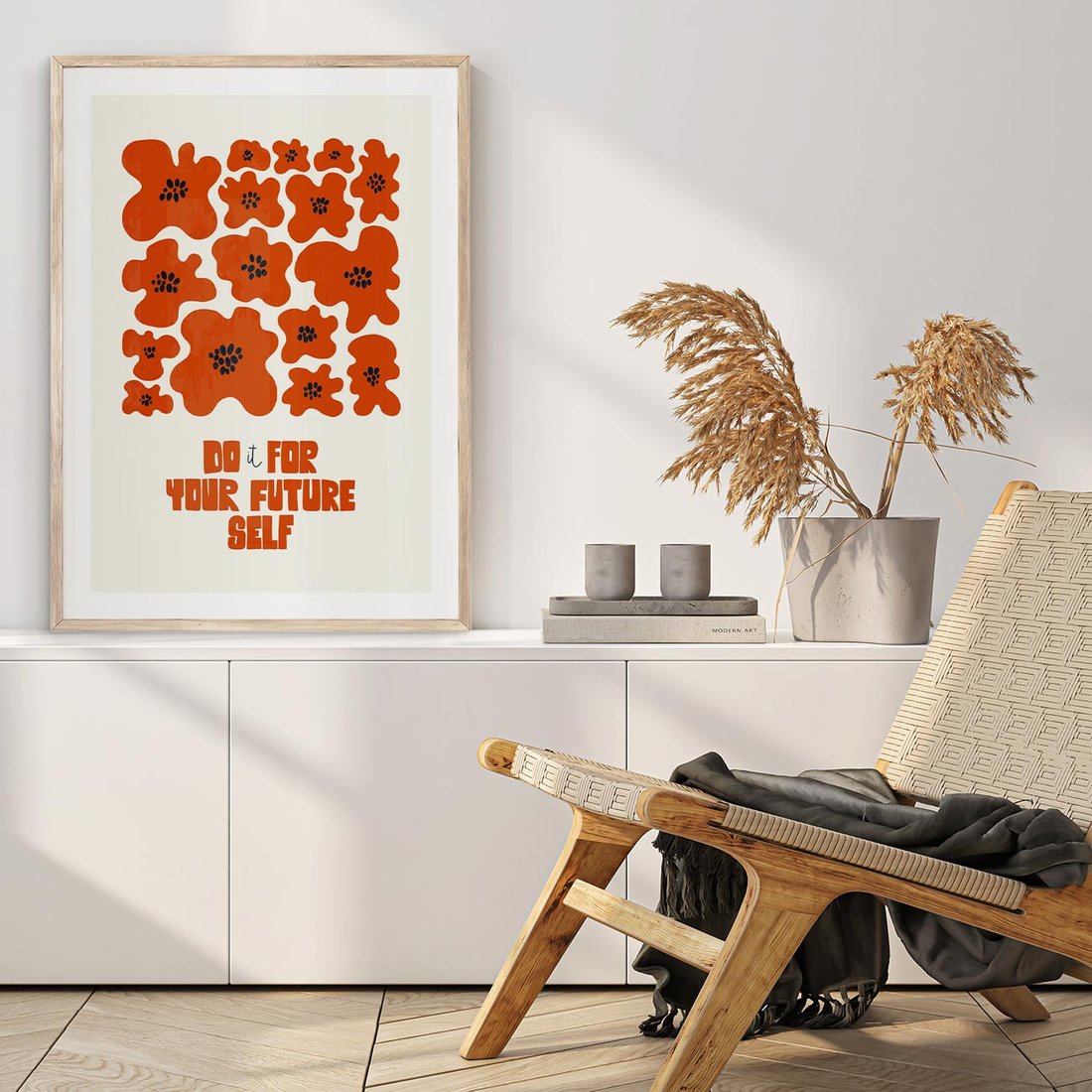 Plakat w ramie 30x40 - Taniec Kolorowych Promieni - self care, kompozycja kwiaty - rama drewno