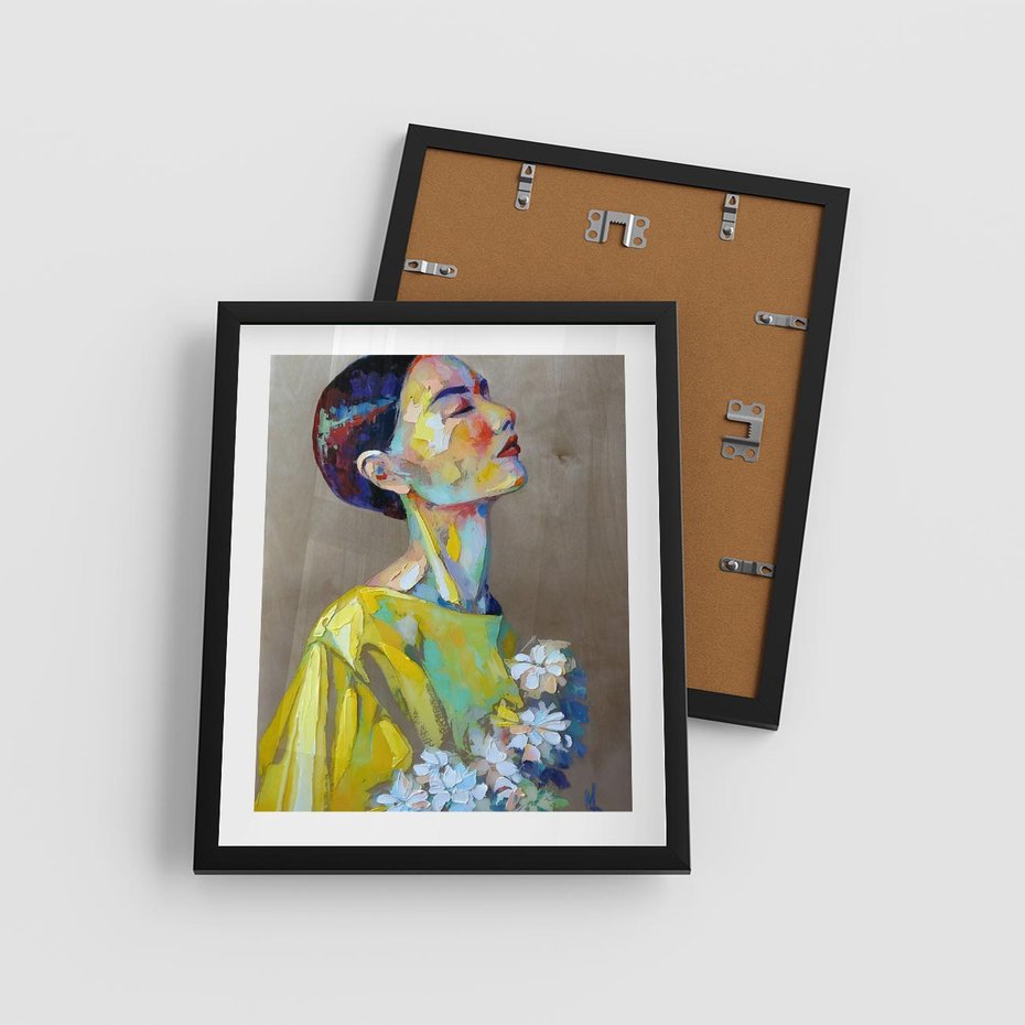 Plakat w ramie 40x50 - W Żółtej Sukience - olejny abstrakcyjny obraz, portret kobiety w żółtej sukience - rama czarna
