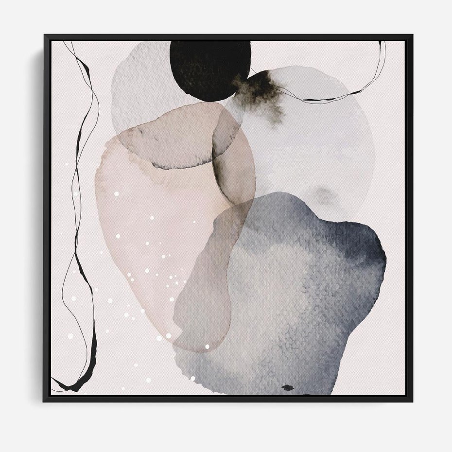 Obraz w ramie 50x50 - Migocące Barwy - abstrakcyjne plamy akwarelowe, czarny szkic - rama czarna