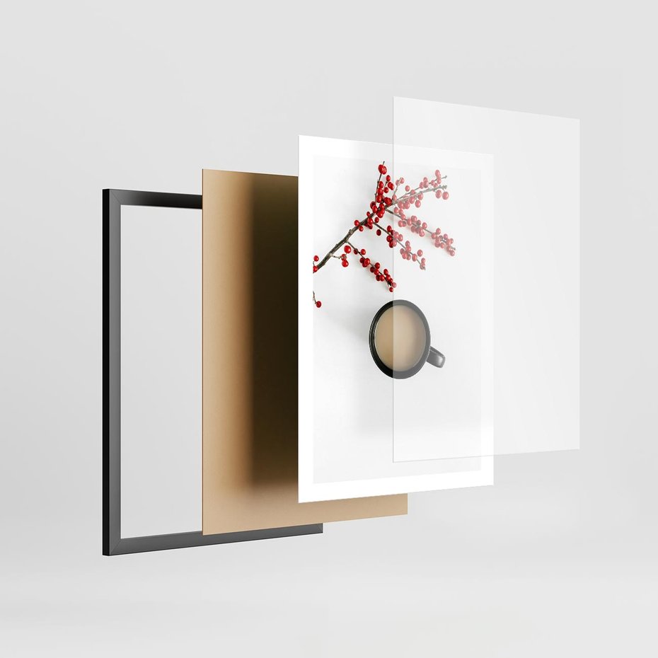 Plakat w ramie 50x70 - Filiżanka Kawy z Gałązką Jarzębiny - kawa, gałązka jarzębiny - rama czarna