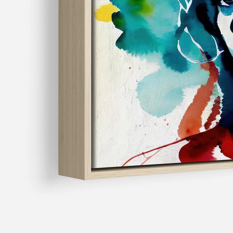 Obraz w ramie 70x50 - Abstrakcyjna ekstaza barw - abstrakcyjny portret kobiety, szkic czarną kreską - rama drewno