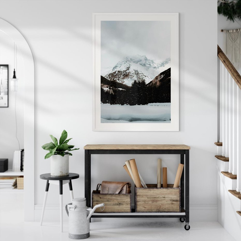 Plakat bez ramy 21x30 - W Cieniu Śnieżnych Szczytów - górski krajobraz, zima