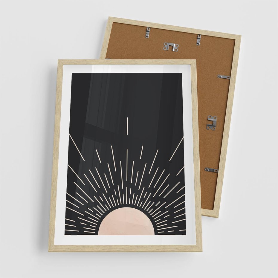 Plakat w ramie 50x70 - Słoneczny Portret Duszy - boho czarne słońce, nowoczesna grafika - rama drewno