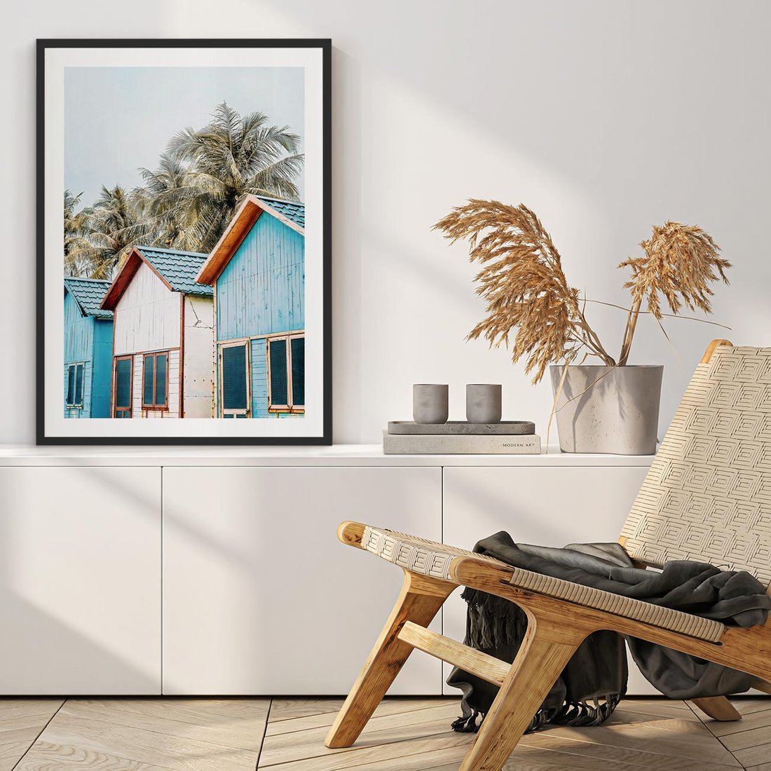 Plakat w ramie 50x70 - Rajskie Wakacje - domki na plaży, błękitne domki - rama czarna