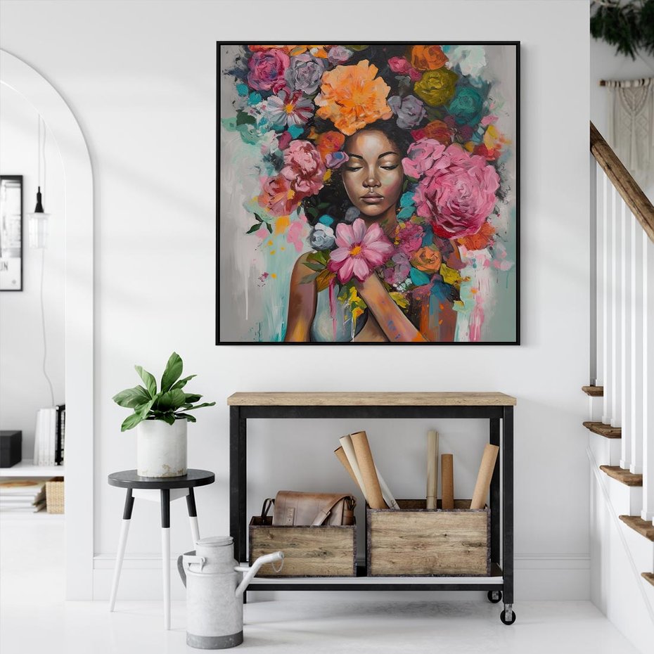 Obraz w ramie 50x50 - Z Głową w Kwiatach - obraz olejny, sztuka nowoczesna - rama czarna