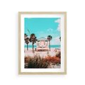 Plakat w ramie 30x40 - Plaża, Palmy i Spokój Miami - budka ratownika, plaża Miami - rama drewno