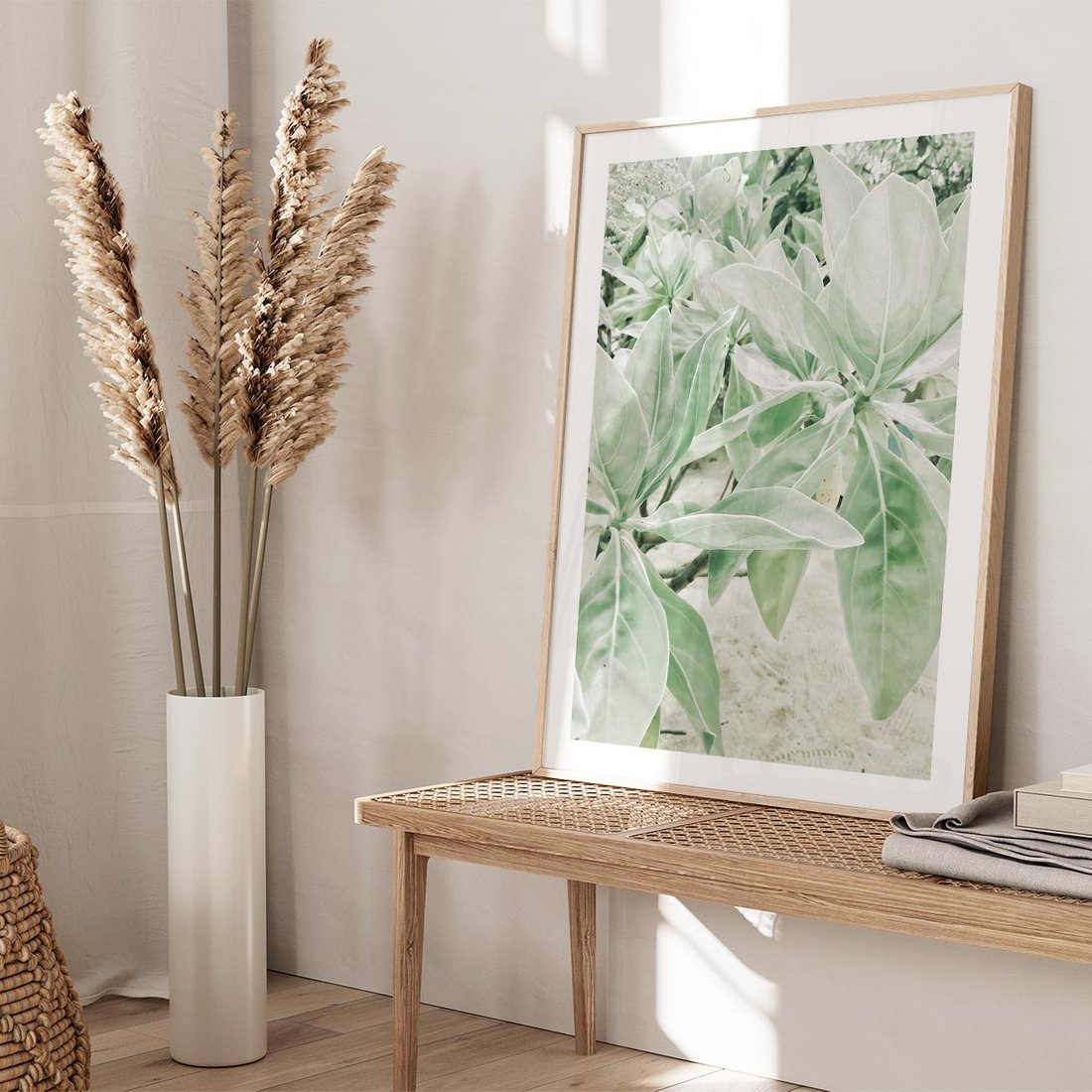 Plakat w ramie 30x40 - Jasnozielone Liście w Kompozycji - liście, jasna zieleń - rama drewno