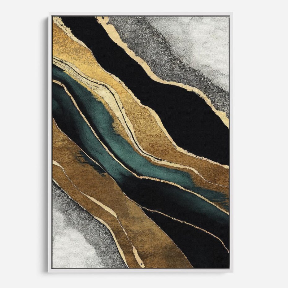 Obraz w ramie 50x70 - Refrakcje płynącej rzeczywistości - jak marmurowa rzeka, linie złota - rama biała