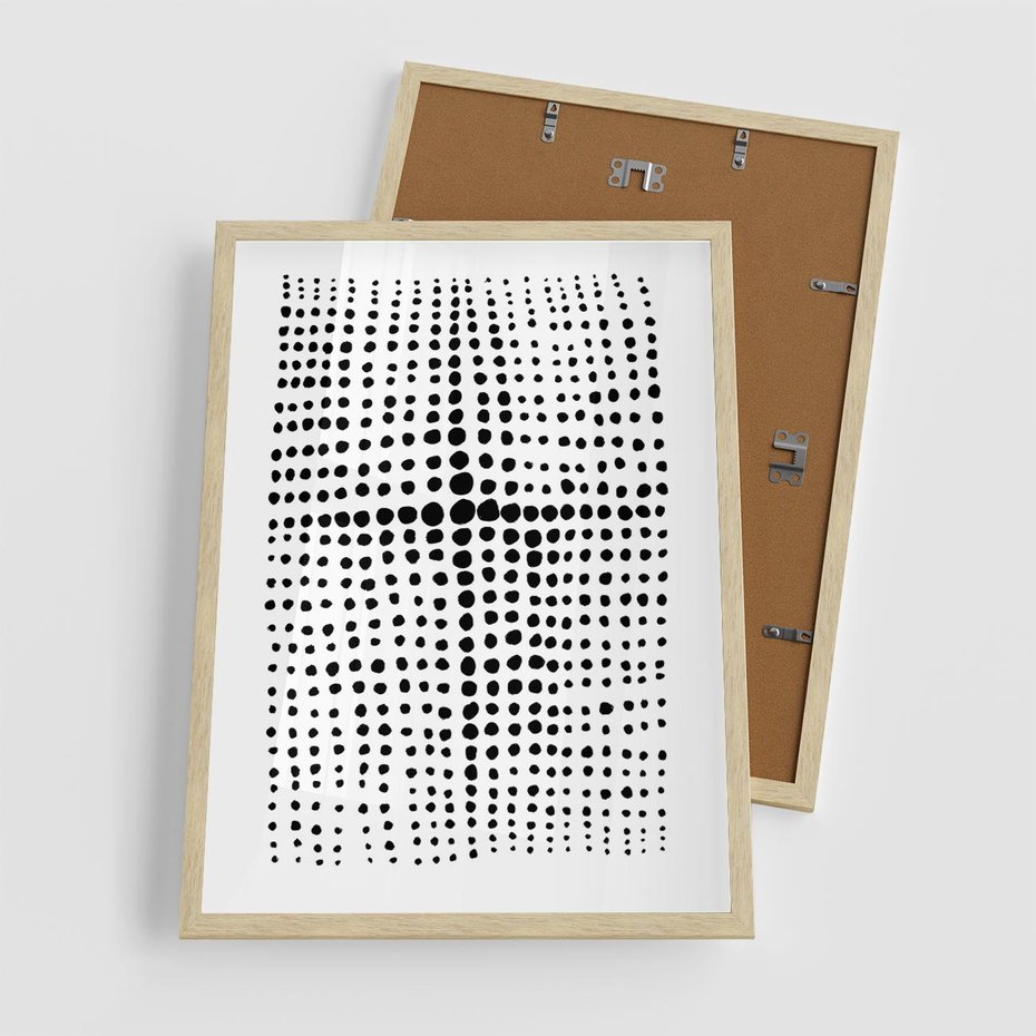 Plakat w ramie 50x70 - Refleksje Monochromatycznych Widoków - abstrakcyjna kompozycja z czarnych kropek, minimalistyczny czarno bialy plakat - rama drewno