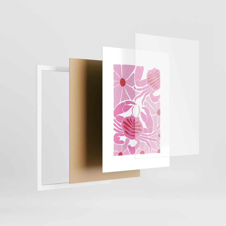 Plakat w ramie 50x70 - Roztańczone Kraby - różowe kwiaty i kraby, abstrakcyjna kompozycja - rama biała