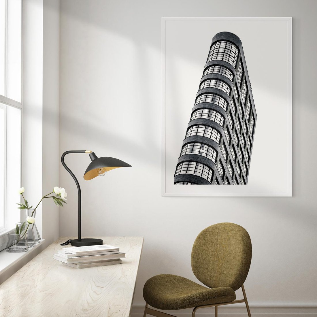 Plakat w ramie 50x70 - Wieżowiec na Monochromatycznym Obrazie - architektura, wieżowiec - rama biała