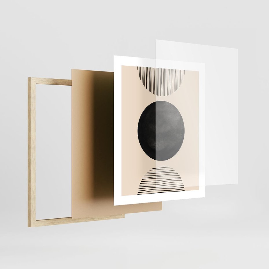 Plakat w ramie 40x50 - Minimalizm w Kształtach - geometryczny graficzny obraz, czarne koło - rama drewno