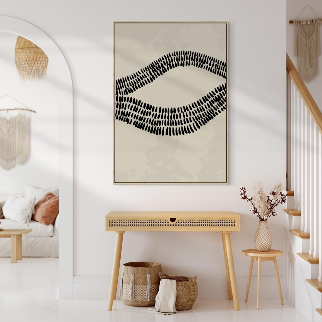 Obraz w ramie 80x120 - Kontury Ewolucji Materii - boho plakat, czarne kropki kreski - rama drewno