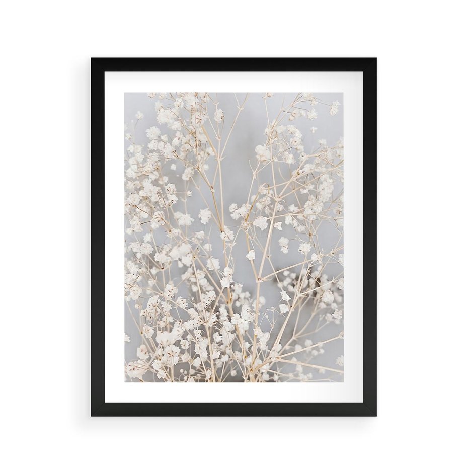 Plakat w ramie 40x50 - Białe Drobne Kwiaty - gipsówka, białe drobne kwiatki - rama czarna