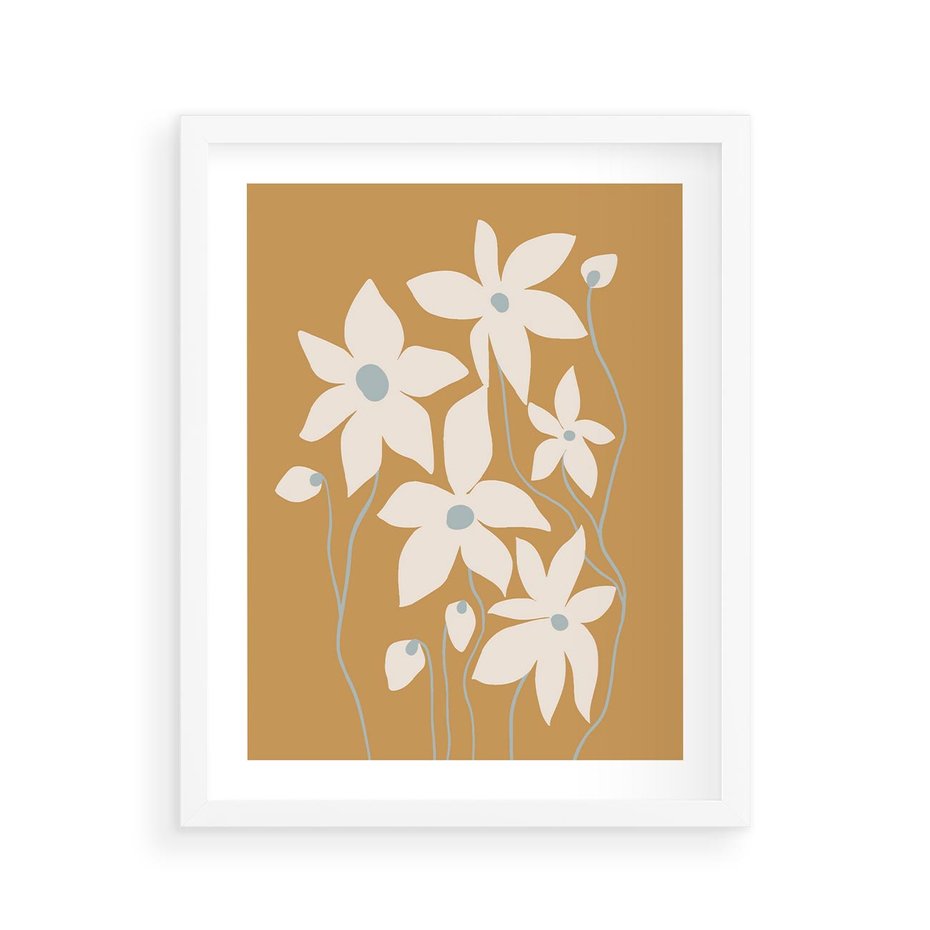 Plakat w ramie 40x50 - Kwiatowy Spektakl - minimalistyczne kwiaty, na pomarańczowym tle - rama biała