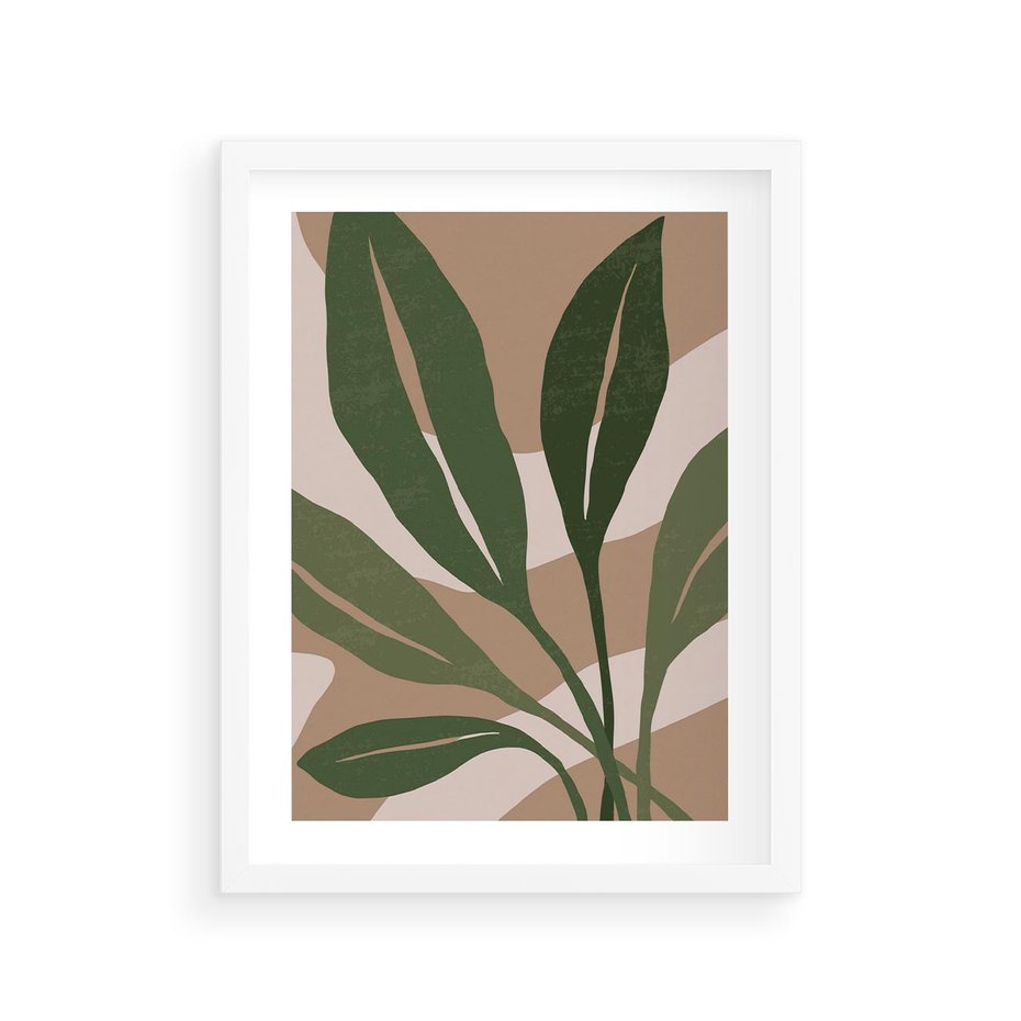 Plakat w ramie 30x40 - Nowoczesność Natury: Plakat z Zielonymi Liśćmi - nowoczesny plakat, beż - rama biała
