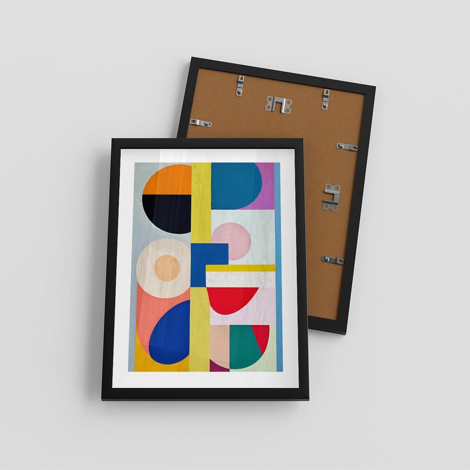 Plakat w ramie 30x40 - Harmonia Kolorowych Impulsów - abstrakcyjne geometryczne kształty, olejny obraz - rama czarna