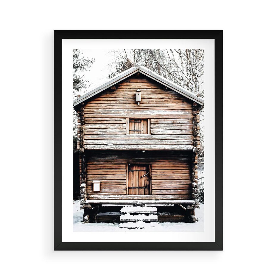 Plakat w ramie 50x70 - Śnieżny Ustronny Raj - domek w górach, śnieg - rama czarna