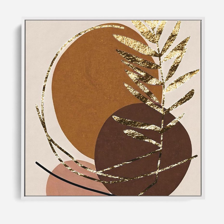 Obraz w ramie 80x80 - Taniec Przenikających Odbić - abstrakcyjny obraz, złote liście palmy - rama biała