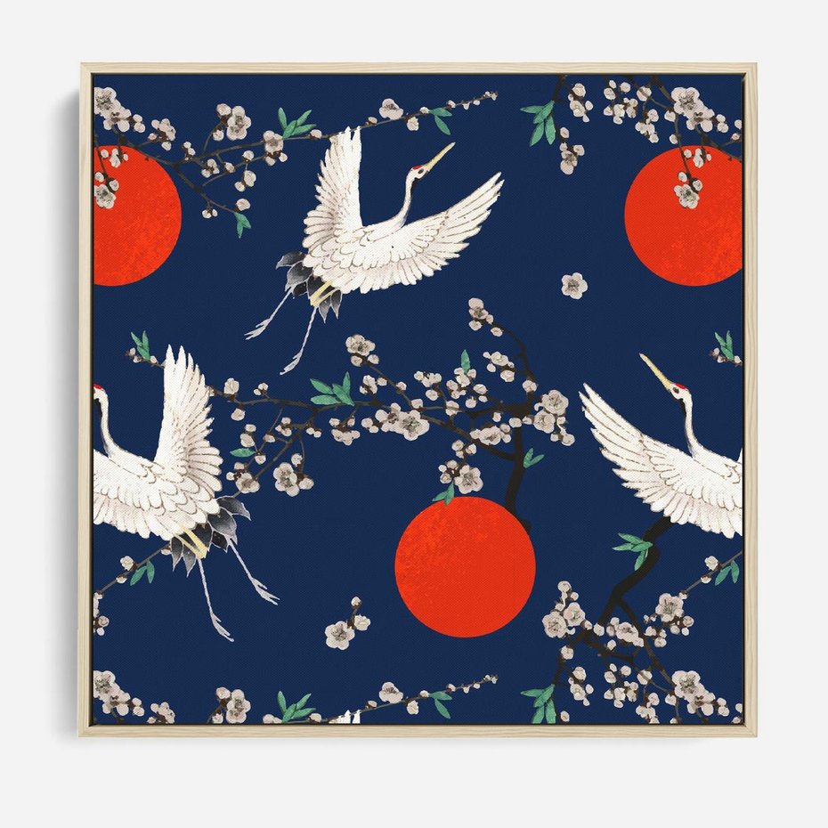 Obraz w ramie 80x80 - Japońskie Żurawie Indygo - sztuka japońska, japonia - rama drewno