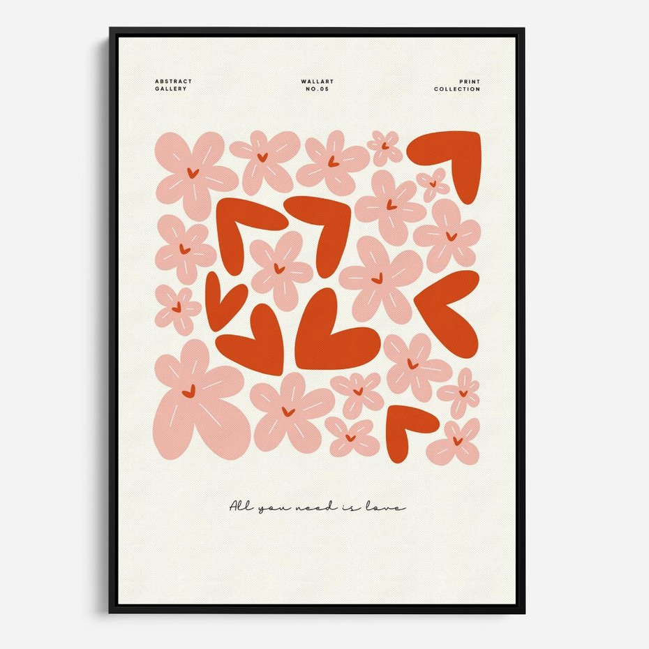 Obraz w ramie 70x100 - Miłość w Kompozycji - grafika, kompozycja kwiaty i serca - rama czarna