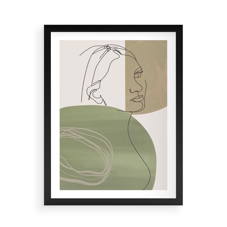 Plakat w ramie 50x70 - Jedna Linia, Wiele Emocji - akwarelowe plamy, na nich szkic postaci kobiety jedną linią - rama czarna
