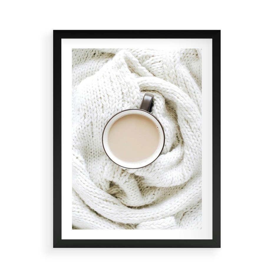 Plakat w ramie 50x70 - Kawa na Wełnianym Kocu - kawa, biały wełniany koc - rama czarna