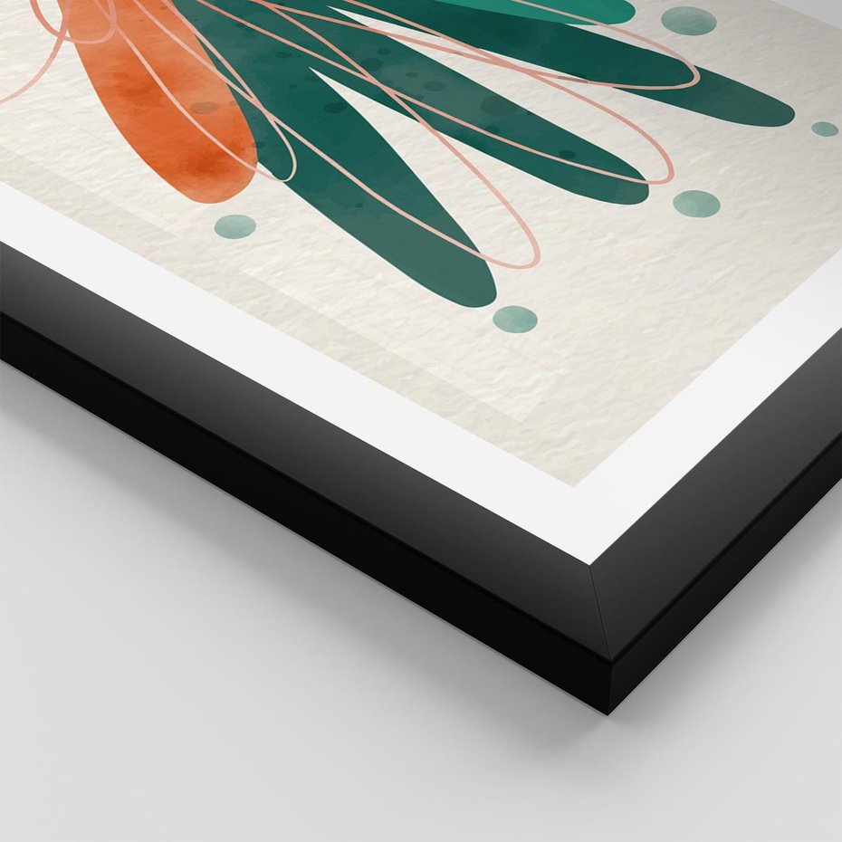 Plakat w ramie 50x70 - Energetyczna Harmonia Kwiatów - akwarelowe abstrakcyjne kształty, zieleń i pomarańcz - rama czarna