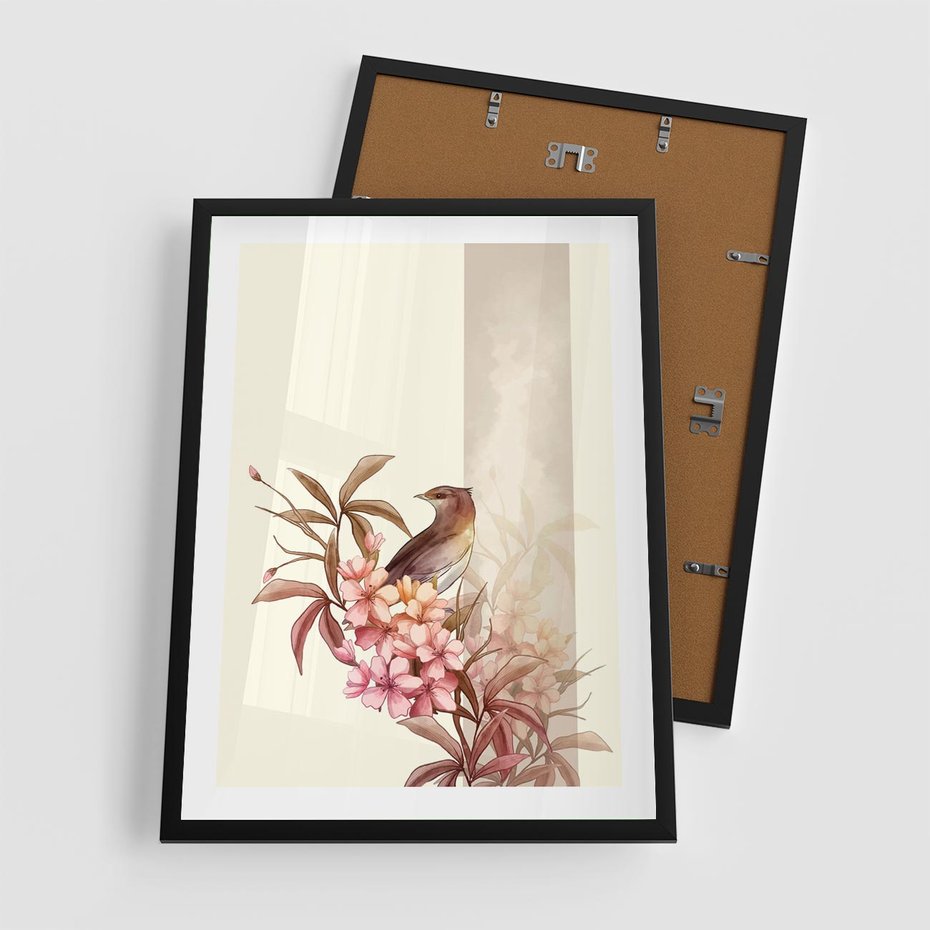 Plakat w ramie 50x70 - Kwiatowe Zanurzenie - japońska sztuka, ptak - rama czarna