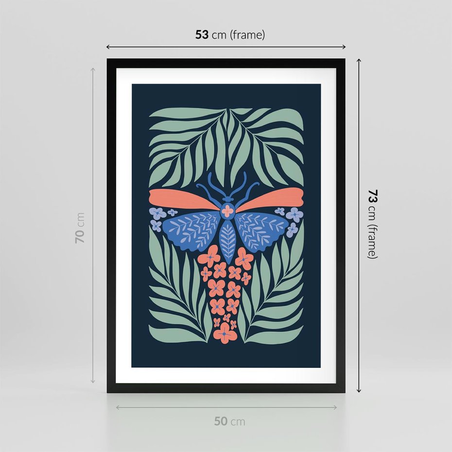 Plakat w ramie 50x70 - Granatowa Noc - granatowe tło, abstrajcyjna ćma - rama czarna