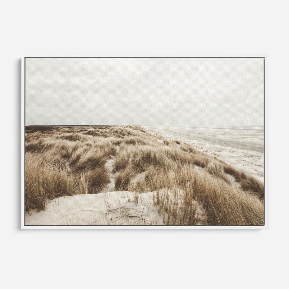 Obraz w ramie 70x50 - Nadmorskie Wydmy - fotografia, kolory sepii - rama biała