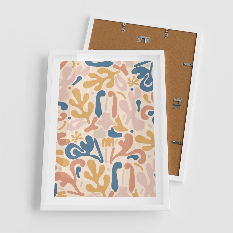 Plakat w ramie 50x70 - Symfonia Radosnych Barw - abstrakcyjne pastelowe formy, nowoczesna grafika w stylu boho - rama biała