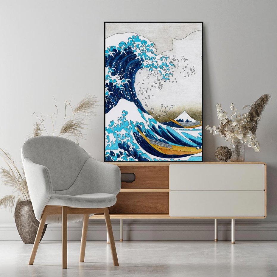 Obraz w ramie 70x100 - Wzburzone Morze - wielka fala w kaganawie, Hokusai - rama czarna